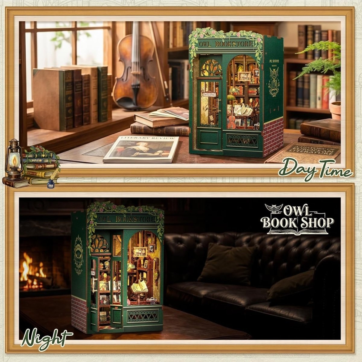 DIY Book Nook Miniature Bookshop Kit LED Bookshelf Diorama Puzzle - Kwikley