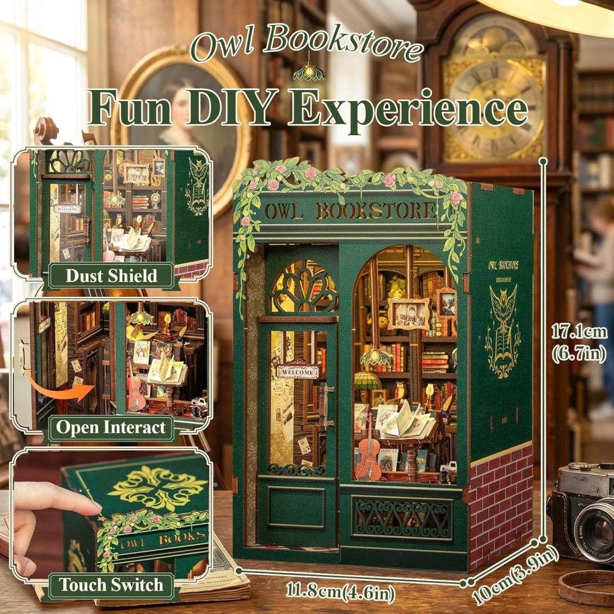 DIY Book Nook Miniature Bookshop Kit LED Bookshelf Diorama Puzzle - Kwikley