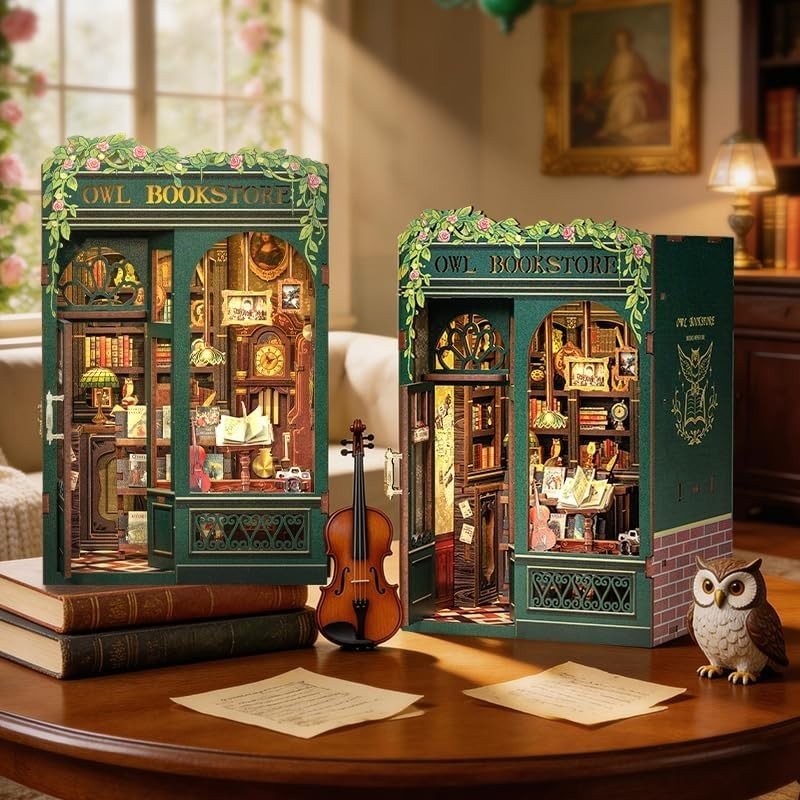 DIY Book Nook Miniature Bookshop Kit LED Bookshelf Diorama Puzzle - Kwikley