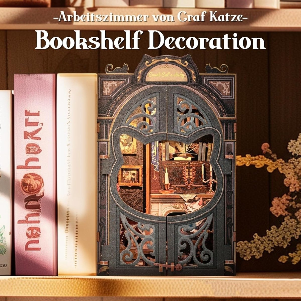 DIY Cat Book Nook Kit LED Miniature Library Bookshelf Diorama Gift - Kwikley
