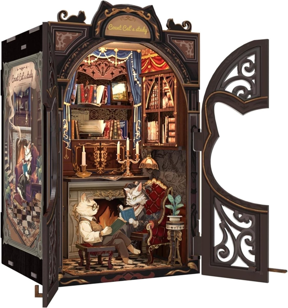 DIY Cat Book Nook Kit LED Miniature Library Bookshelf Diorama Gift - Kwikley