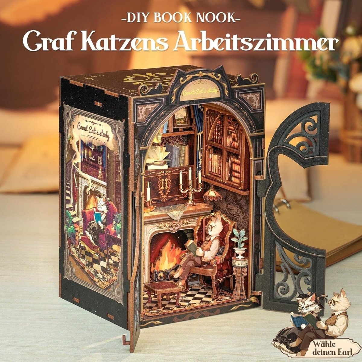 DIY Cat Book Nook Kit LED Miniature Library Bookshelf Diorama Gift - Kwikley