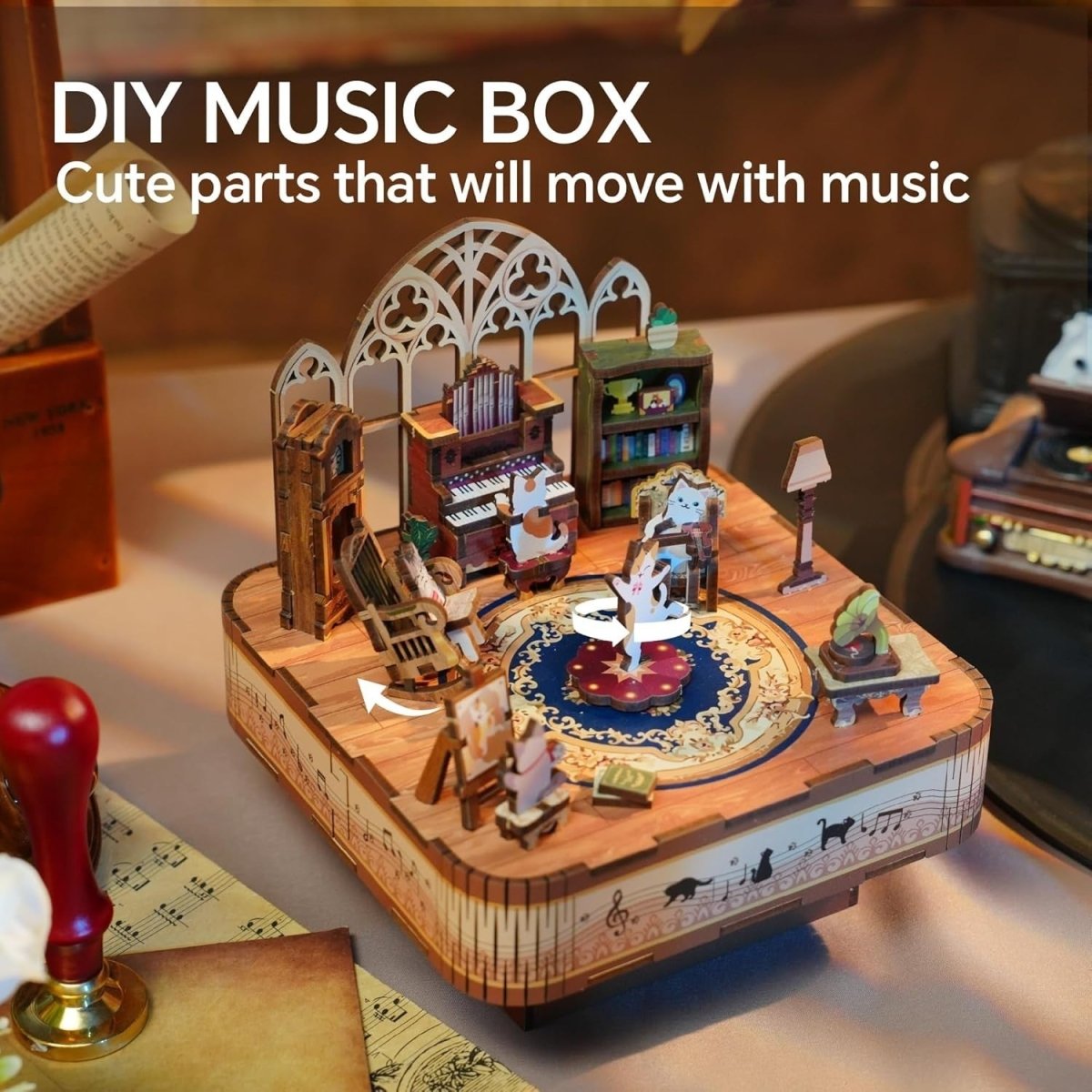 DIY Cat Music Box 3D Wooden Puzzle Rotating Model Kit Home Decor Gift - Kwikley