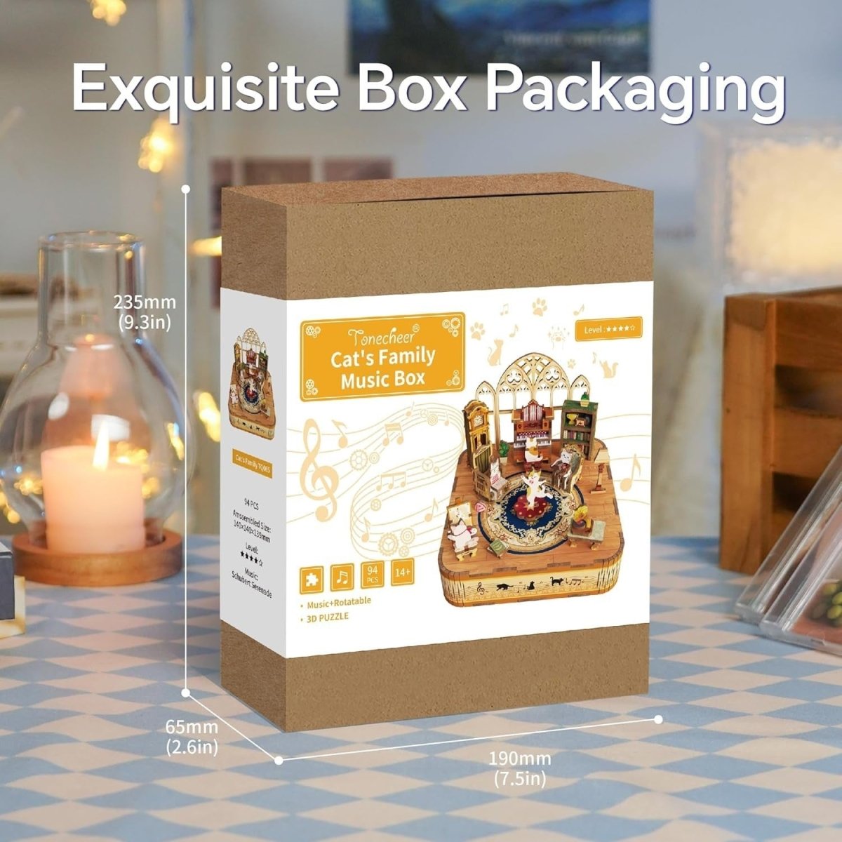 DIY Cat Music Box 3D Wooden Puzzle Rotating Model Kit Home Decor Gift - Kwikley