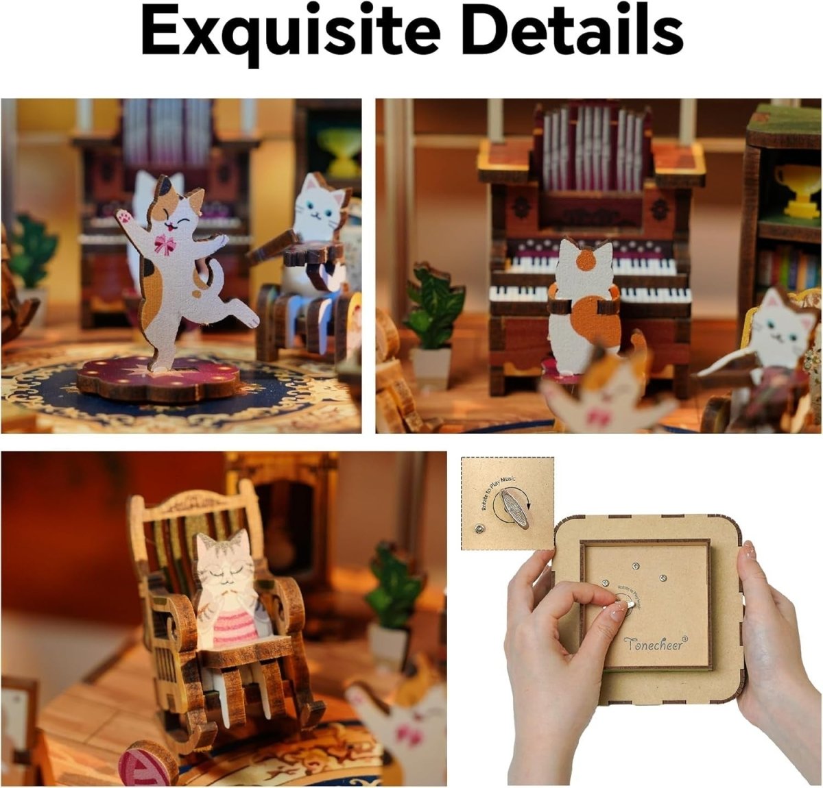 DIY Cat Music Box 3D Wooden Puzzle Rotating Model Kit Home Decor Gift - Kwikley