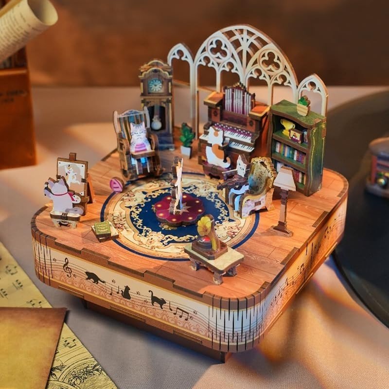 DIY Cat Music Box 3D Wooden Puzzle Rotating Model Kit Home Decor Gift - Kwikley