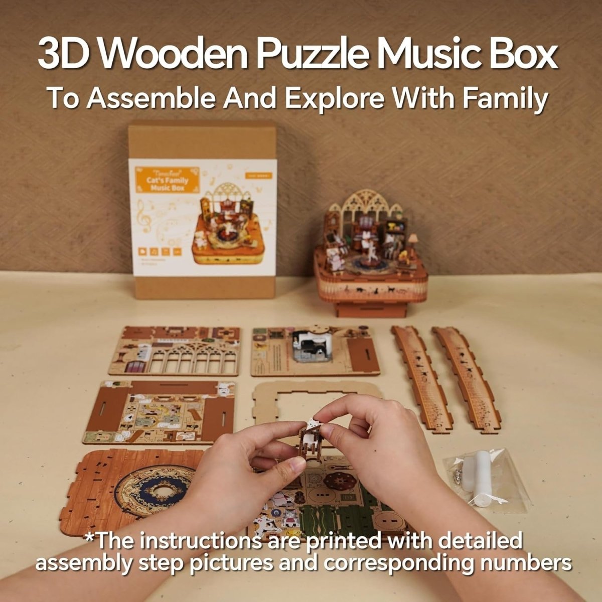 DIY Cat Music Box 3D Wooden Puzzle Rotating Model Kit Home Decor Gift - Kwikley