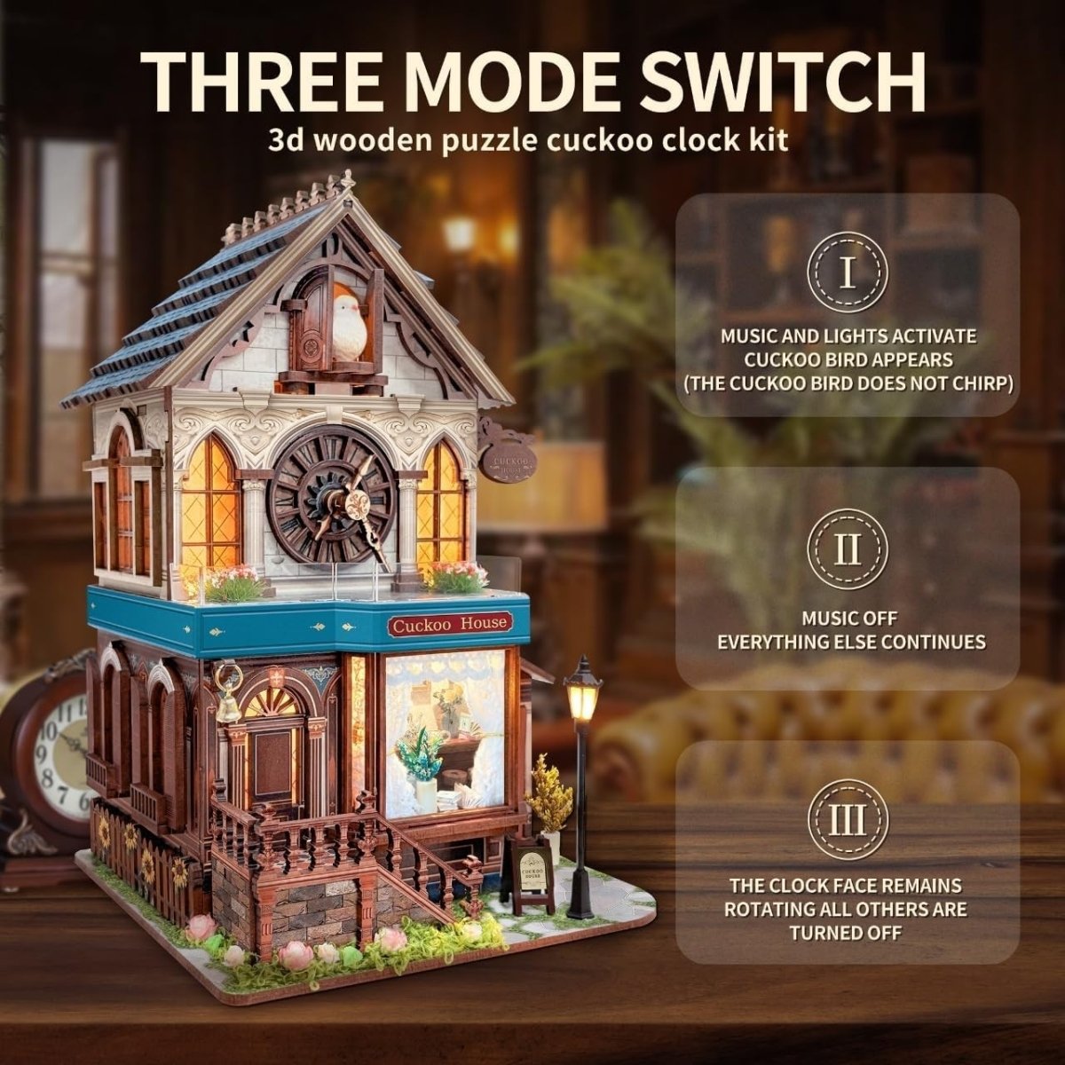 DIY Cuckoo House 3D Wooden Puzzle Music Light Miniature Model Kit - Kwikley