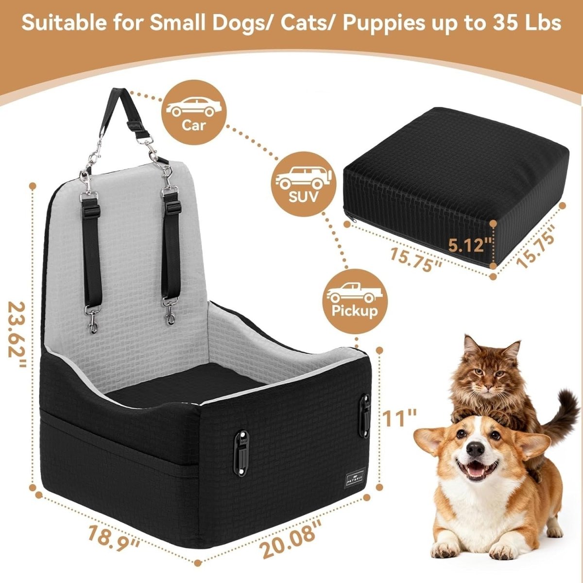 Dog Booster Car Seat 5in Foam Washable Travel Bed Dual Tethers 35lbs - Kwikley