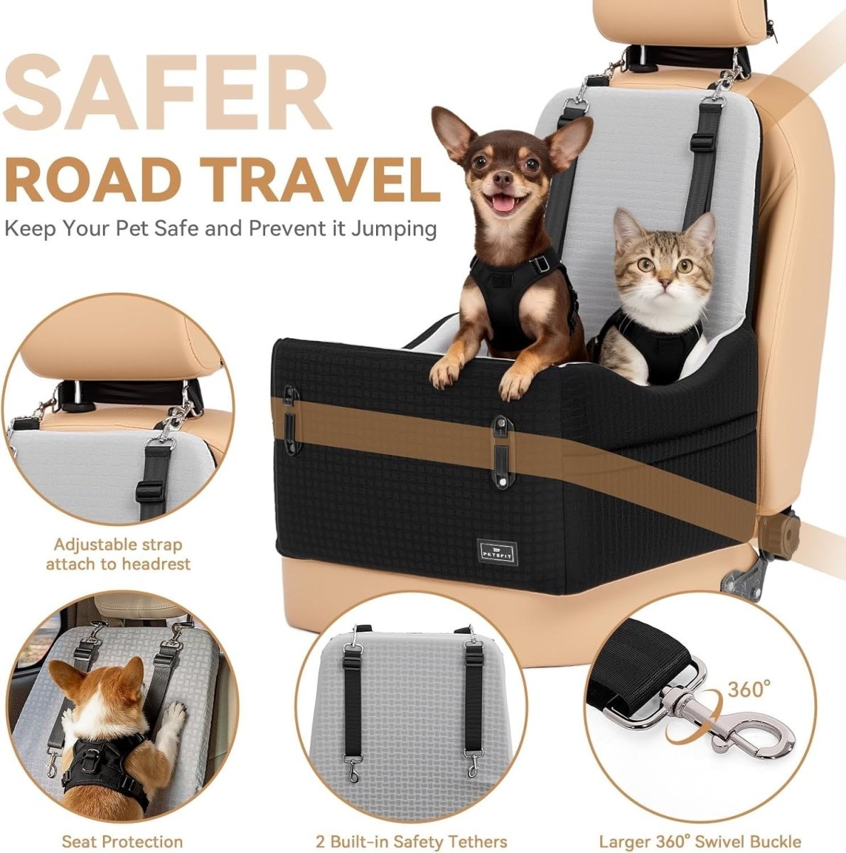 Dog Booster Car Seat 5in Foam Washable Travel Bed Dual Tethers 35lbs - Kwikley