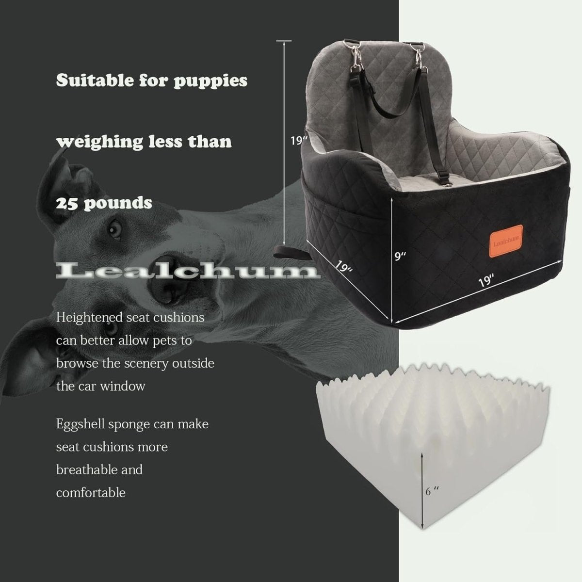 Dog Booster Car Seat 6in Elevated Memory Foam Bed Washable 35lb - Kwikley