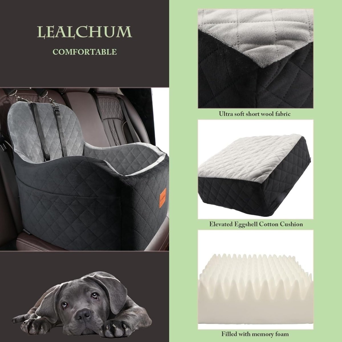 Dog Booster Car Seat 6in Elevated Memory Foam Bed Washable 35lb - Kwikley