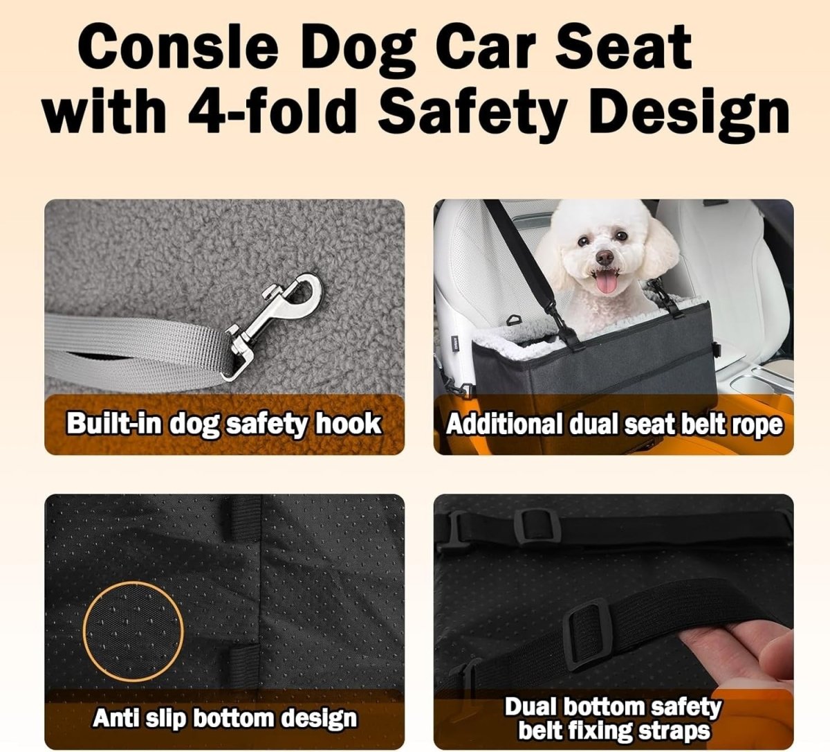 Dog Booster Car Seat Center Console Pet Carrier Safety Leash Black - Kwikley