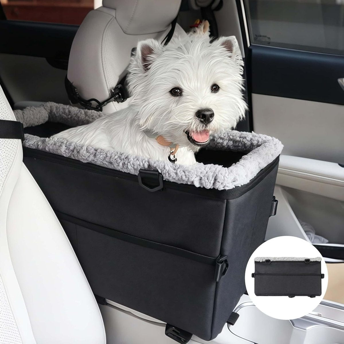 Dog Booster Car Seat Center Console Pet Carrier Safety Leash Black - Kwikley
