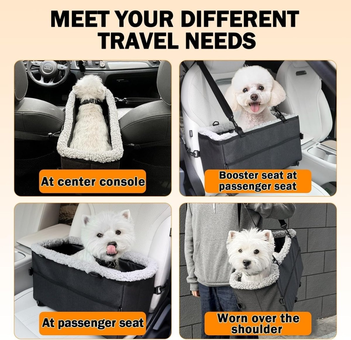 Dog Booster Car Seat Center Console Pet Carrier Safety Leash Black - Kwikley
