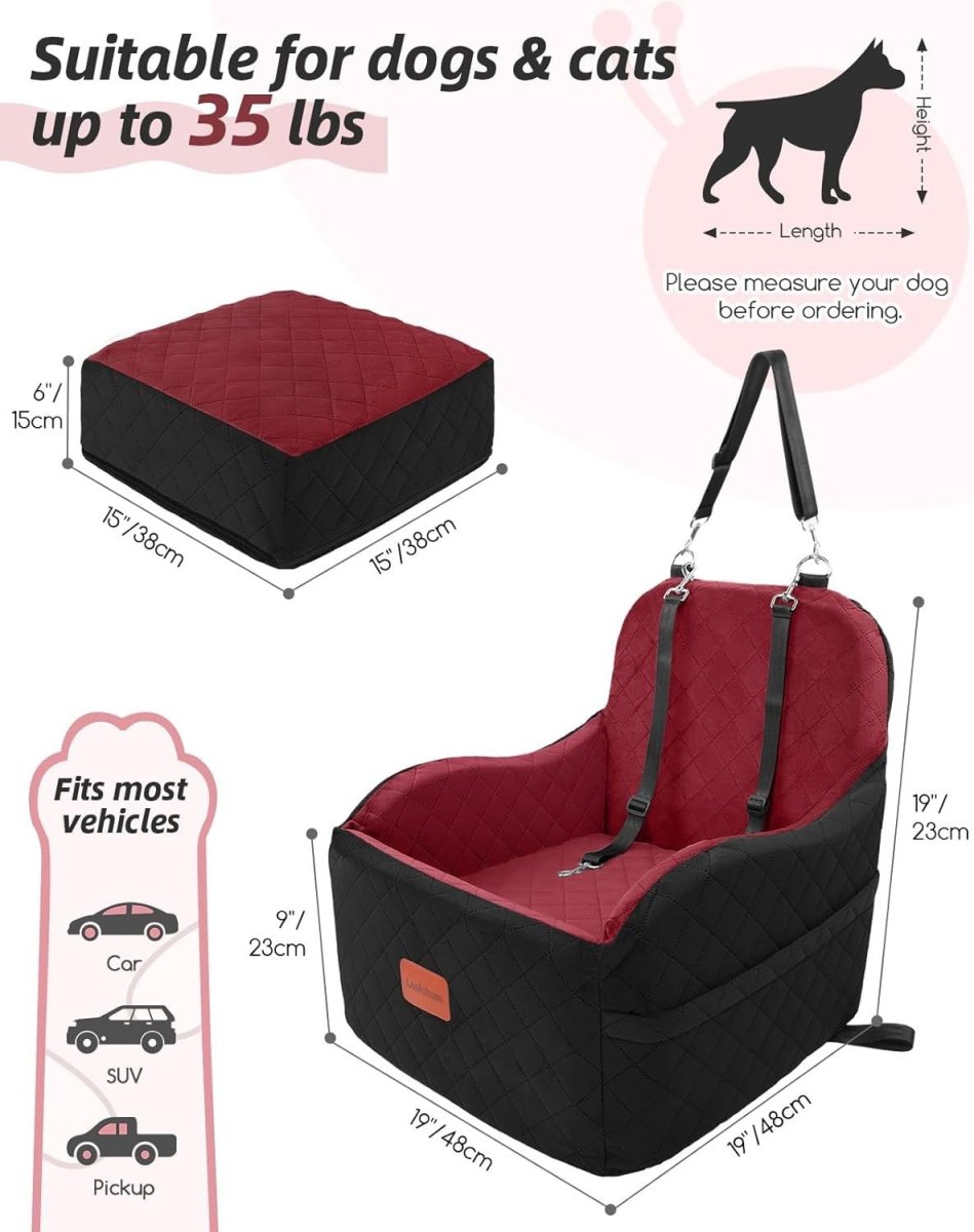 Dog Booster Car Seat Elevated Pet Travel Bed Washable 30lb Black Red - Kwikley