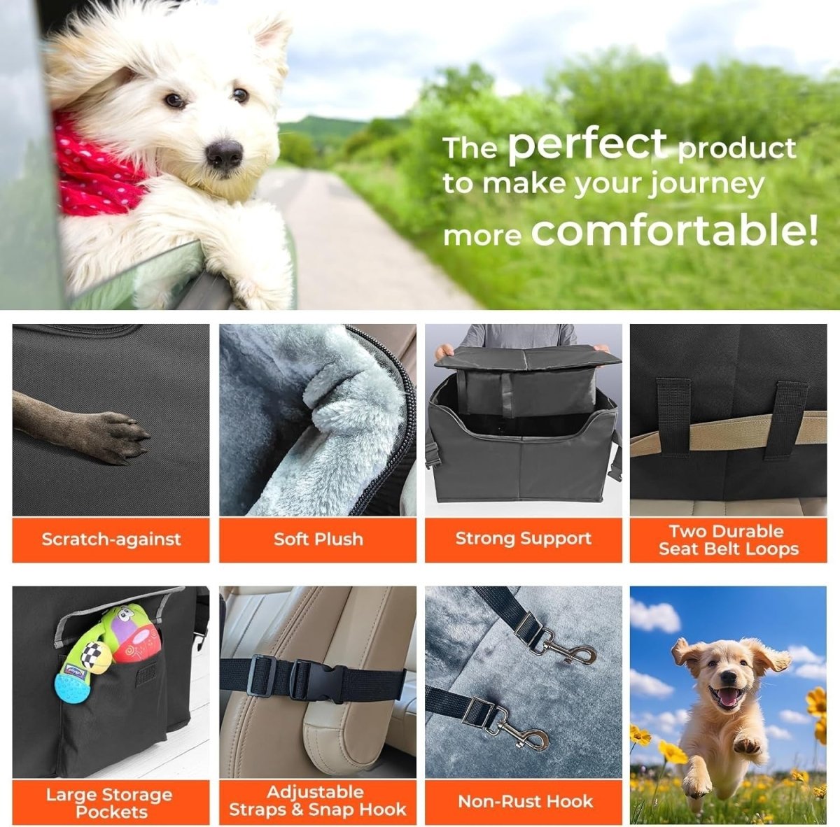 Dog Booster Car Seat Elevated Travel Bed Safety Leash Washable 40lb - Kwikley