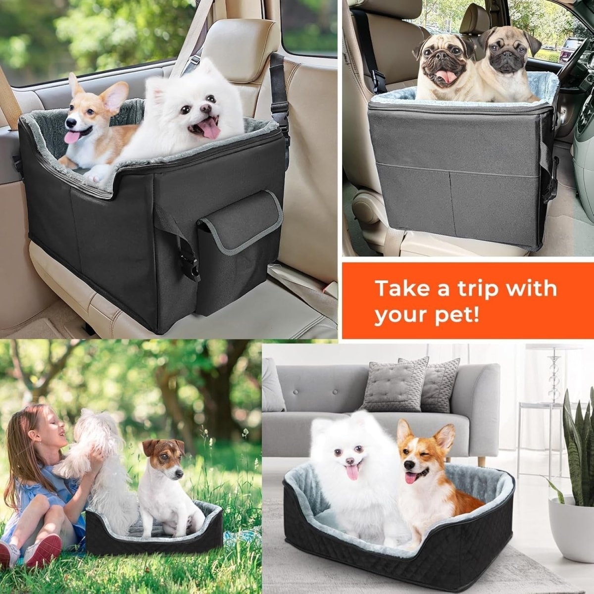 Dog Booster Car Seat Elevated Travel Bed Safety Leash Washable 40lb - Kwikley