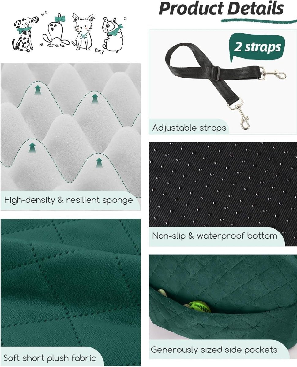 Dog Booster Car Seat Elevated Travel Bed Washable Pet Seat 35lb Green - Kwikley