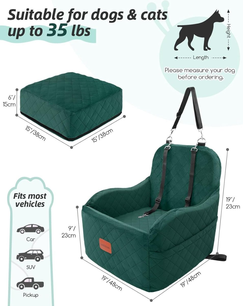 Dog Booster Car Seat Elevated Travel Bed Washable Pet Seat 35lb Green - Kwikley