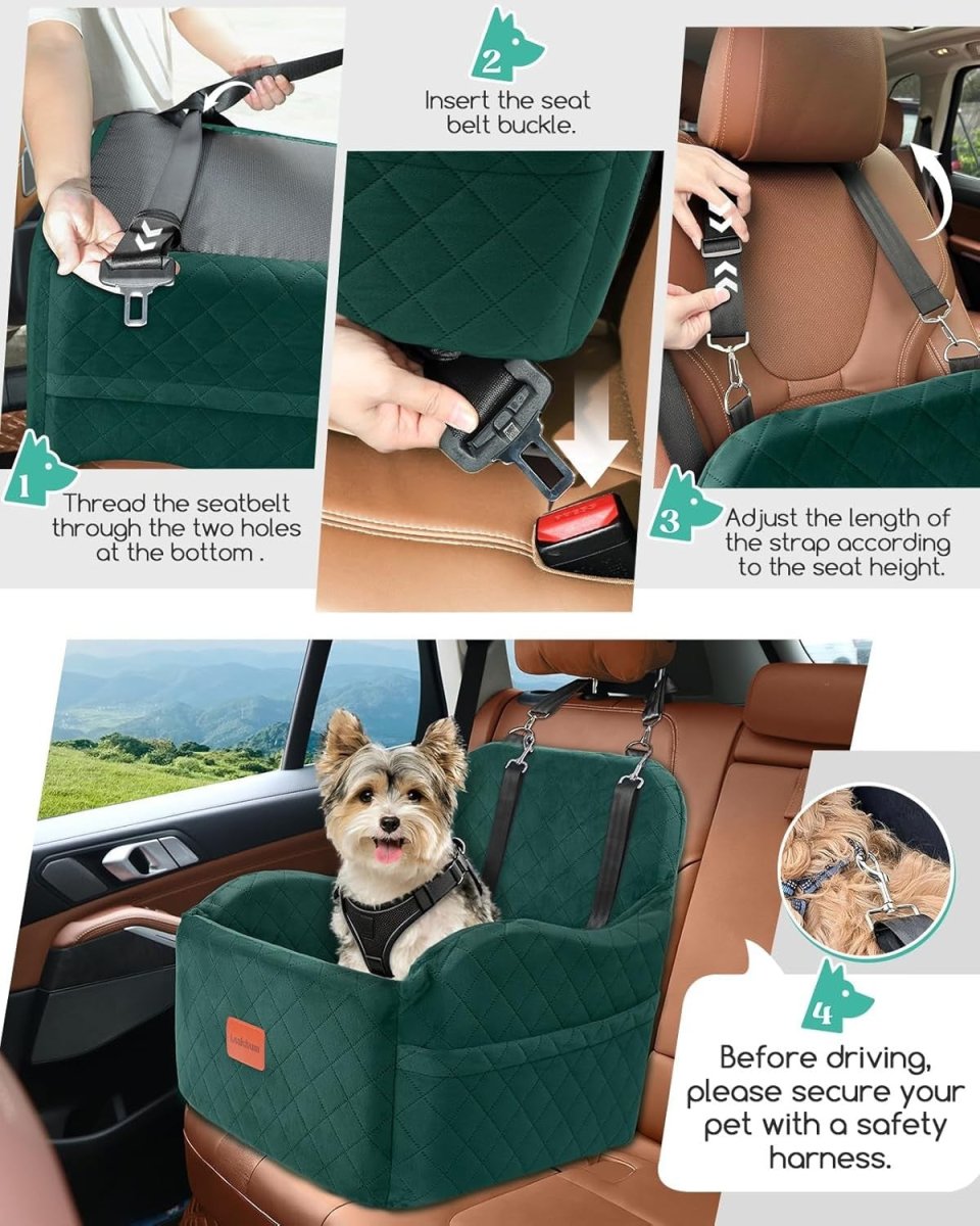 Dog Booster Car Seat Elevated Travel Bed Washable Pet Seat 35lb Green - Kwikley
