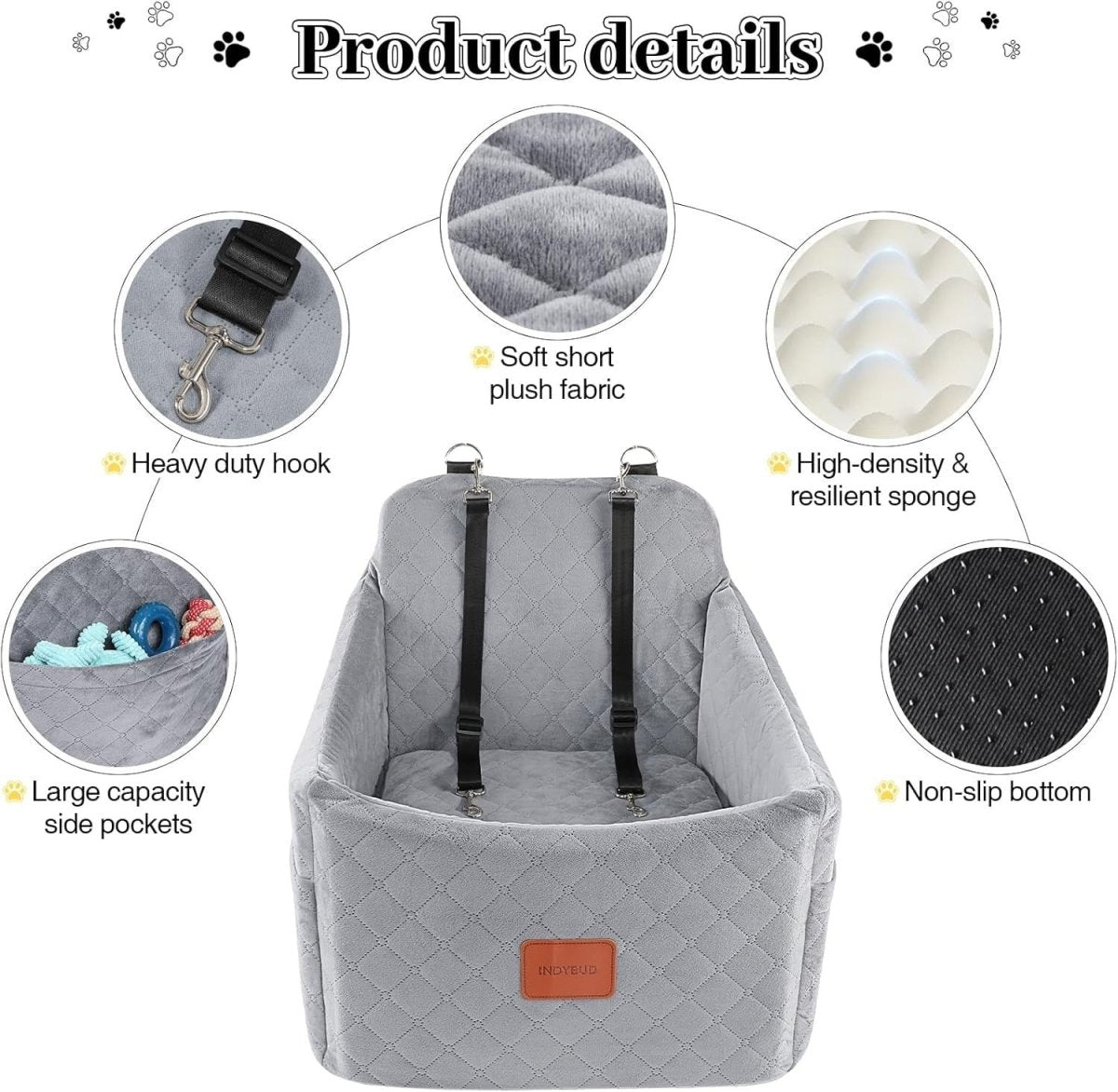 Dog Booster Car Seat Memory Foam Travel Bed Washable Cover 35lb Grey - Kwikley