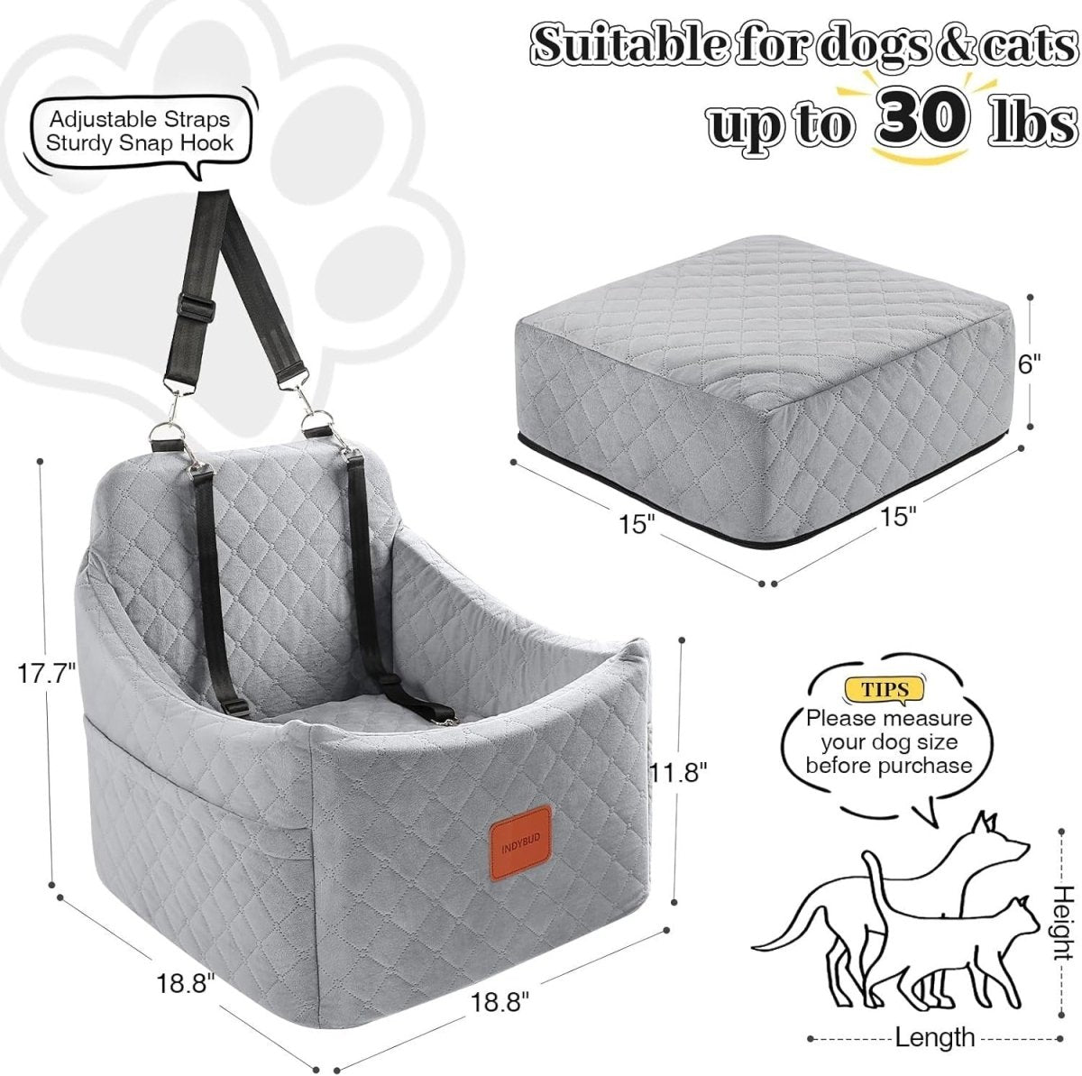 Dog Booster Car Seat Memory Foam Travel Bed Washable Cover 35lb Grey - Kwikley