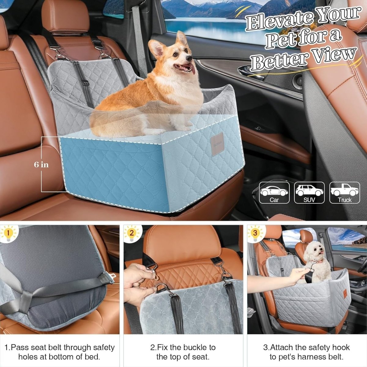 Dog Booster Car Seat Memory Foam Travel Bed Washable Cover 35lb Grey - Kwikley