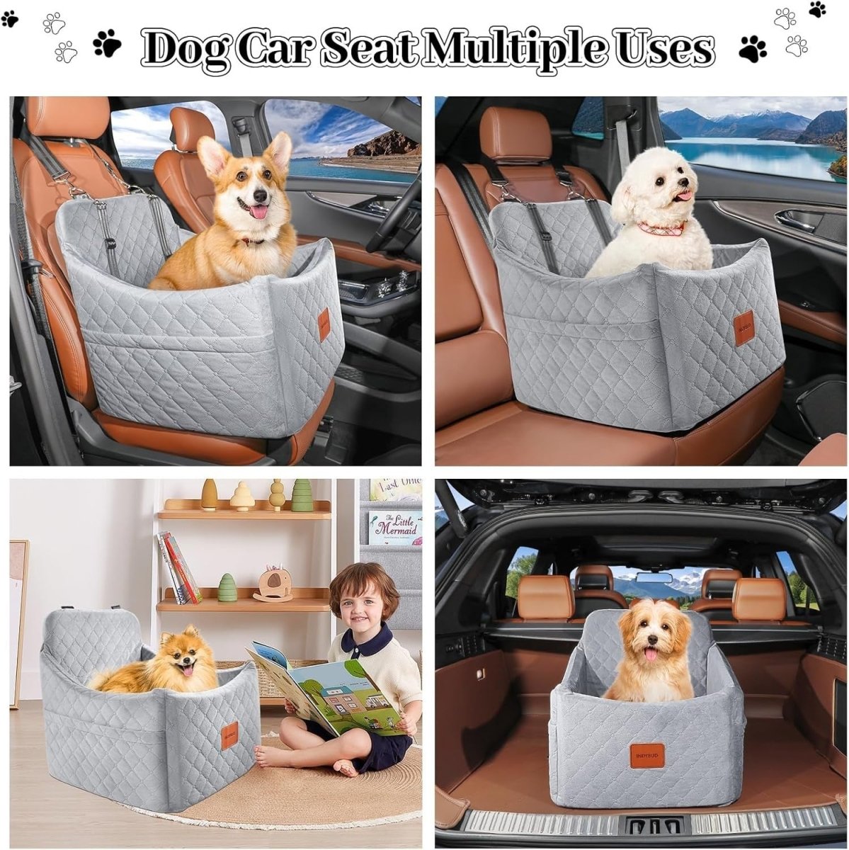 Dog Booster Car Seat Memory Foam Travel Bed Washable Cover 35lb Grey - Kwikley