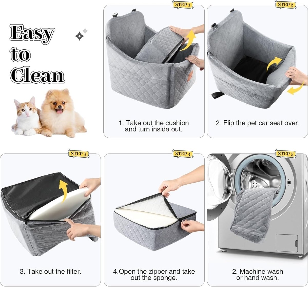 Dog Booster Car Seat Memory Foam Travel Bed Washable Cover 35lb Grey - Kwikley