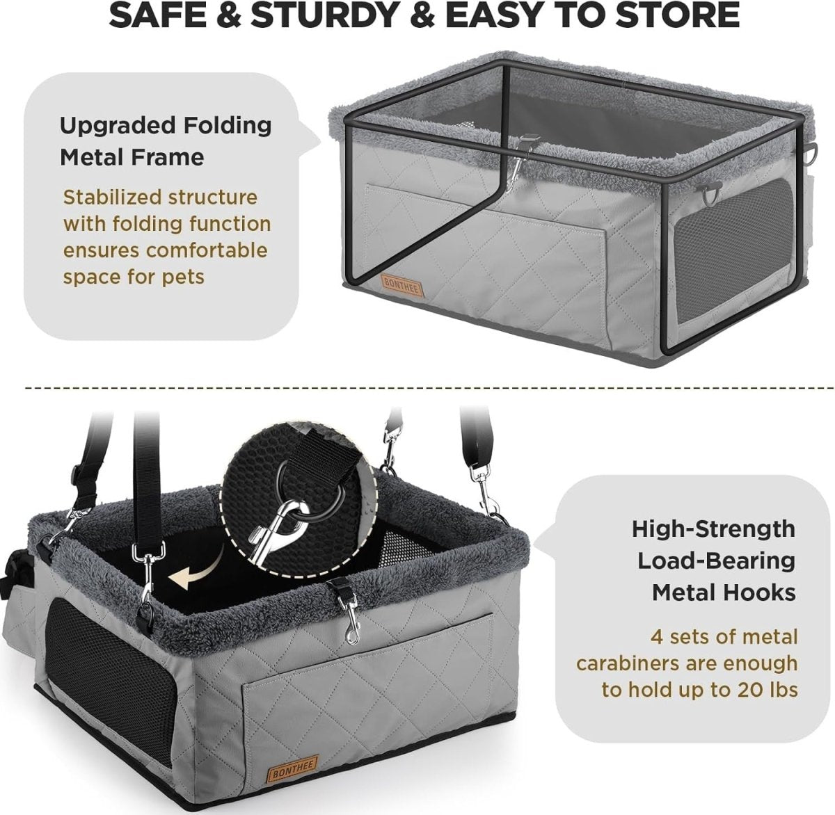 Dog Booster Car Seat Metal Frame Waterproof Travel Carrier 20lb Grey - Kwikley