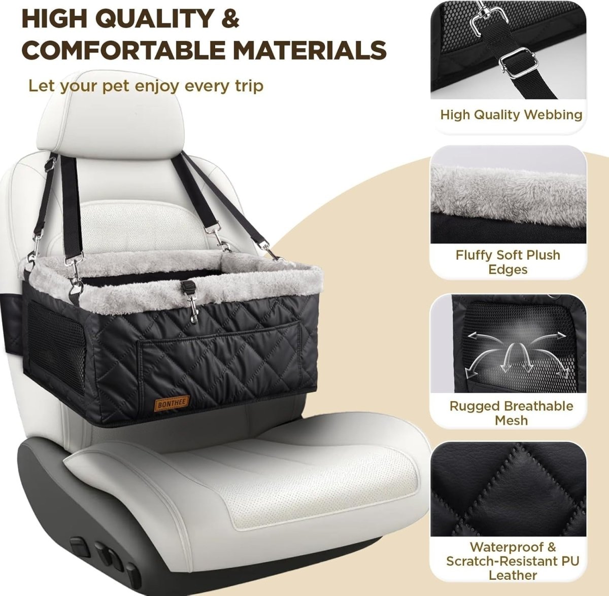 Dog Booster Car Seat PU Leather Foldable Travel Carrier 20lb Black - Kwikley
