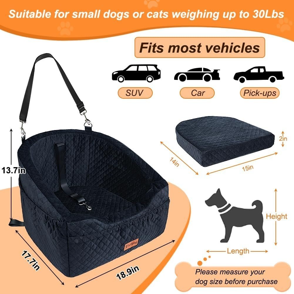 Dog Booster Car Seat Washable Travel Bed Safety Leash for Small Pets - Kwikley