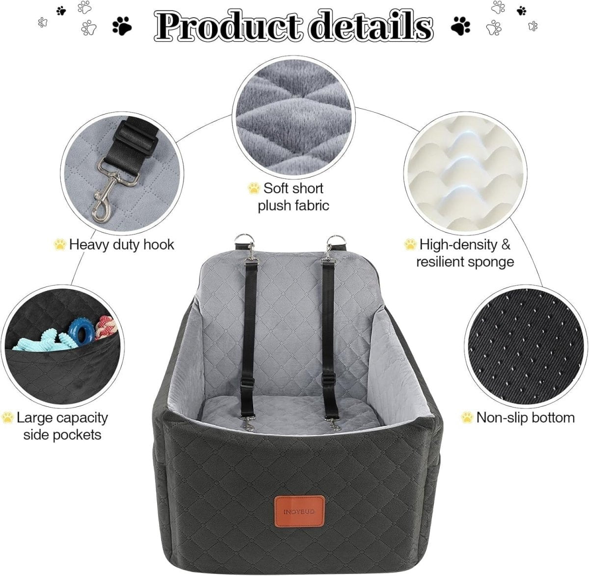 Dog Booster Car Seat Washable Travel Bed w Safety Belts 35lb Grey - Kwikley