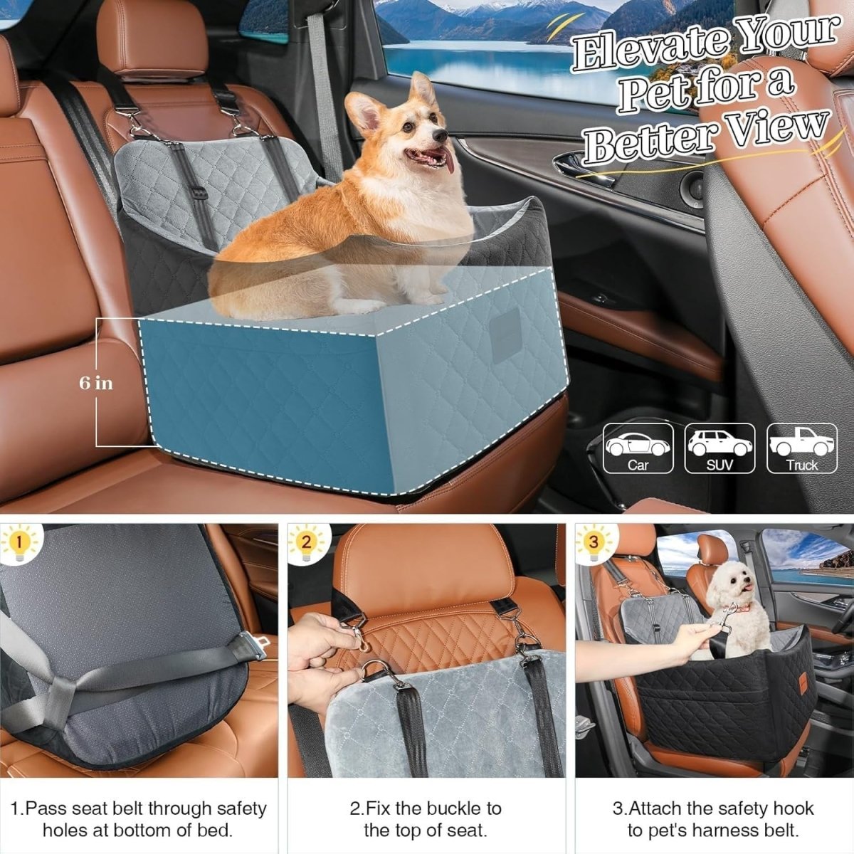 Dog Booster Car Seat Washable Travel Bed w Safety Belts 35lb Grey - Kwikley