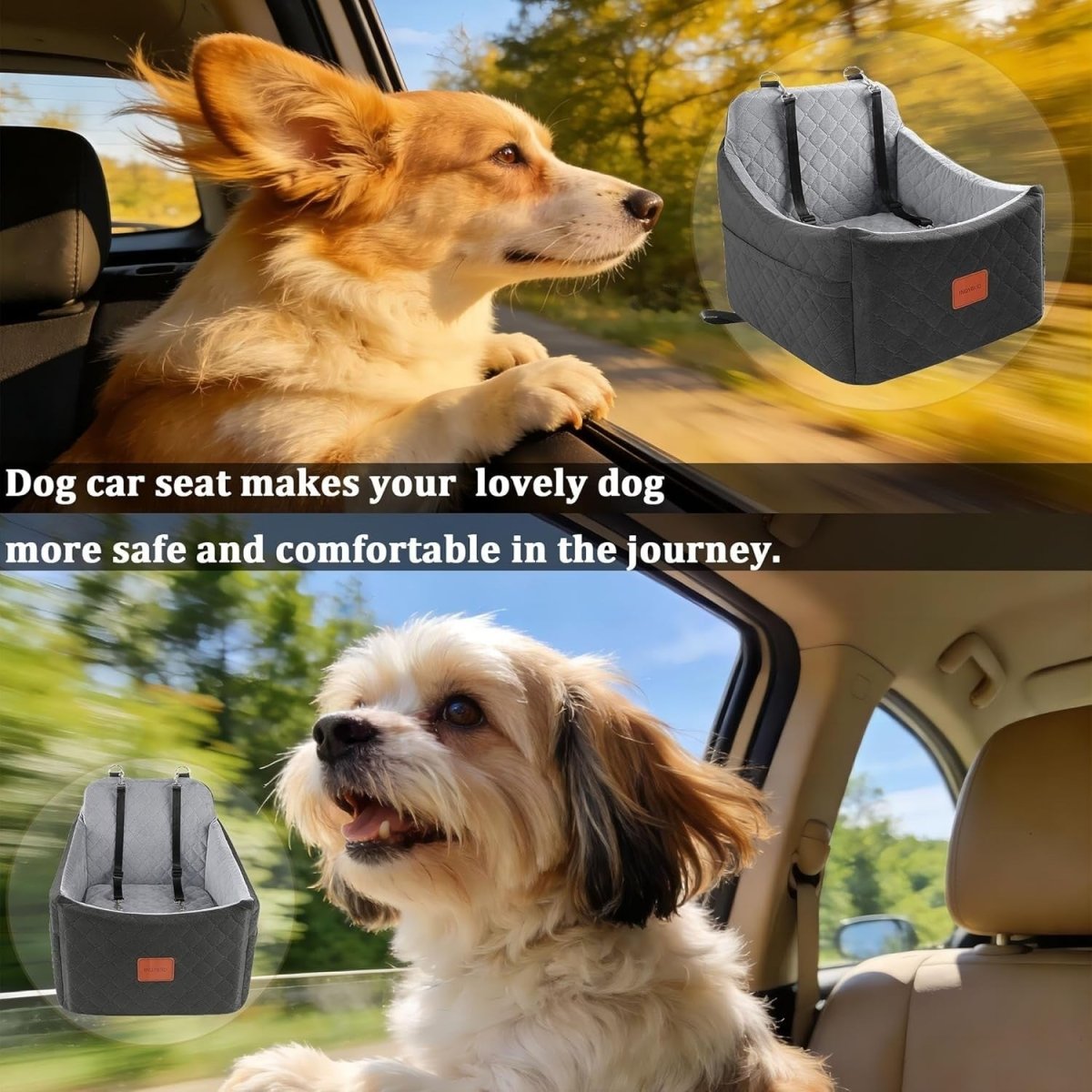 Dog Booster Car Seat Washable Travel Bed w Safety Belts 35lb Grey - Kwikley