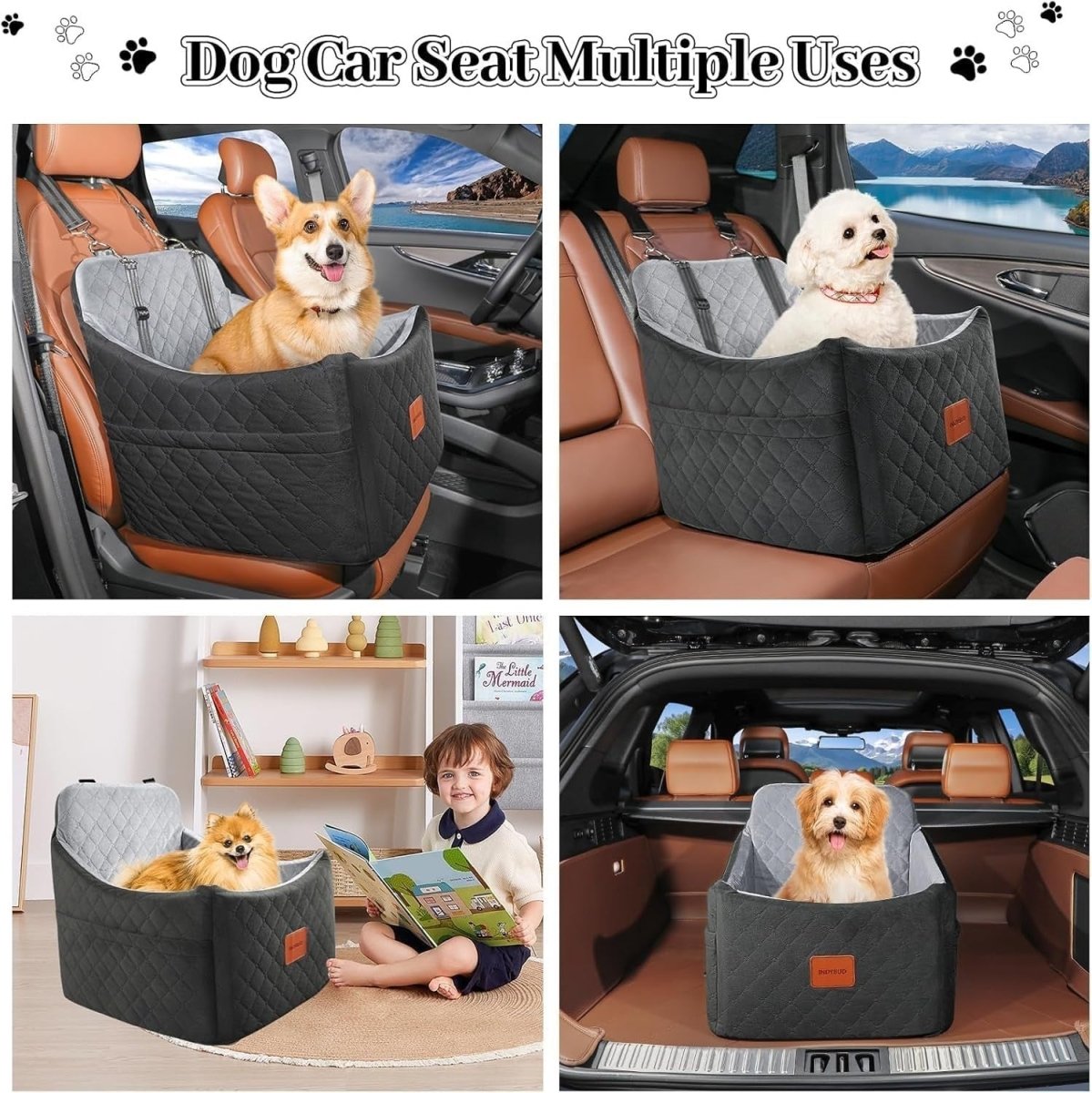 Dog Booster Car Seat Washable Travel Bed w Safety Belts 35lb Grey - Kwikley