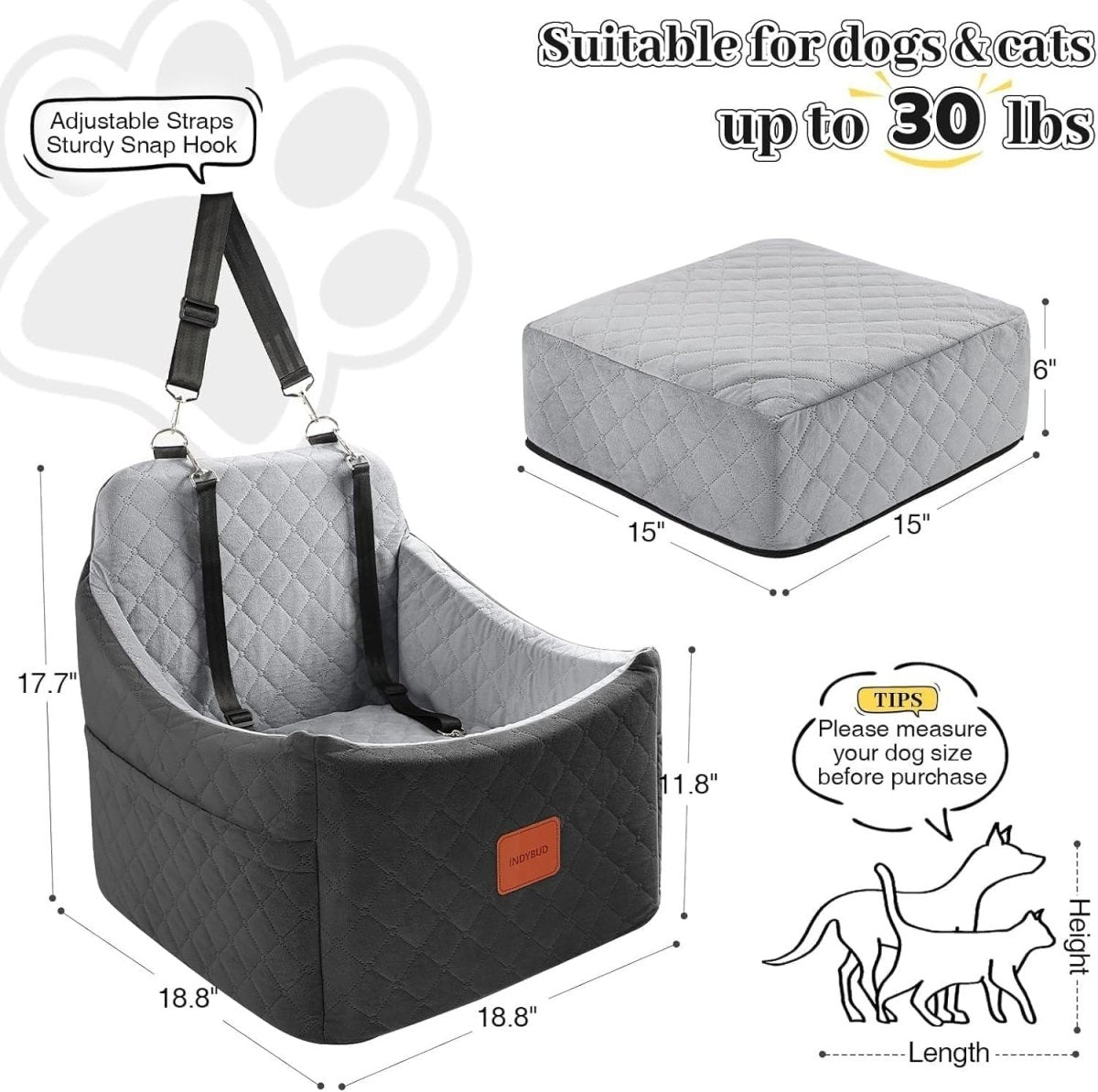 Dog Booster Car Seat Washable Travel Bed w Safety Belts 35lb Grey - Kwikley