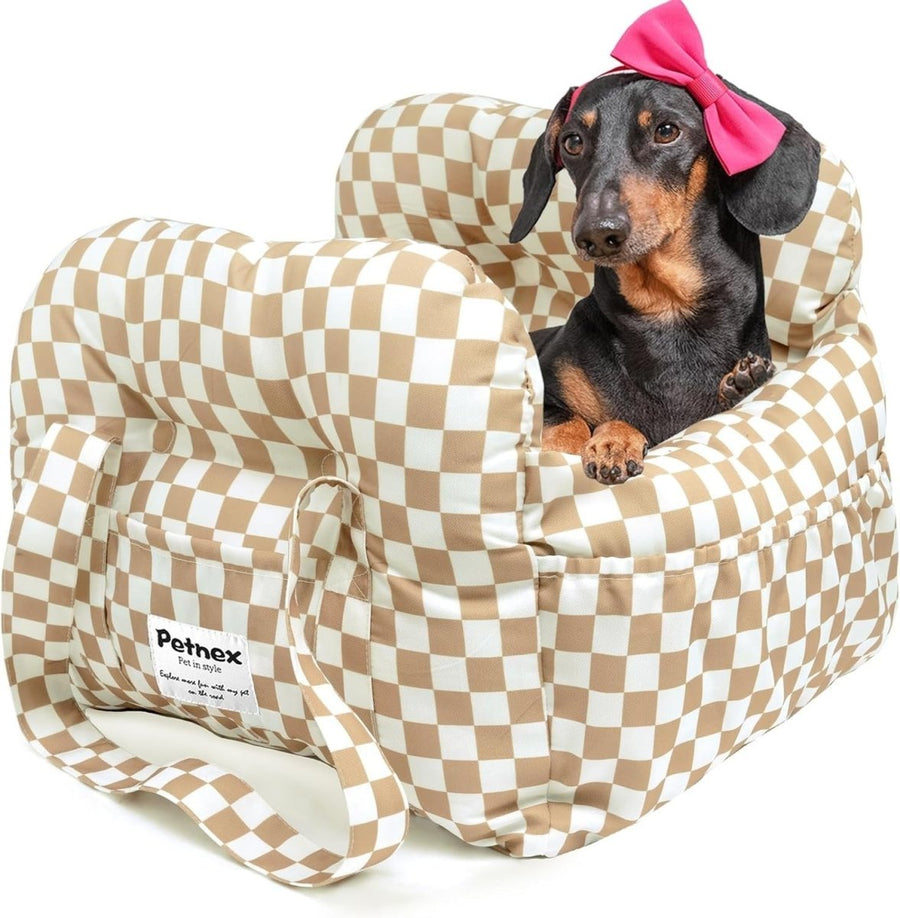 Dog Car Booster Seat Pet Travel Carrier Bed Safety Leash Checkered Khaki - Kwikley
