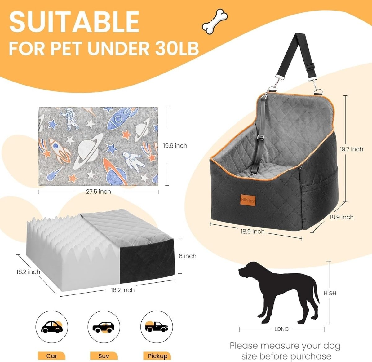 Dog Car Seat Booster Bed Elevated Cushion Safety Leash Pet Travel - Kwikley
