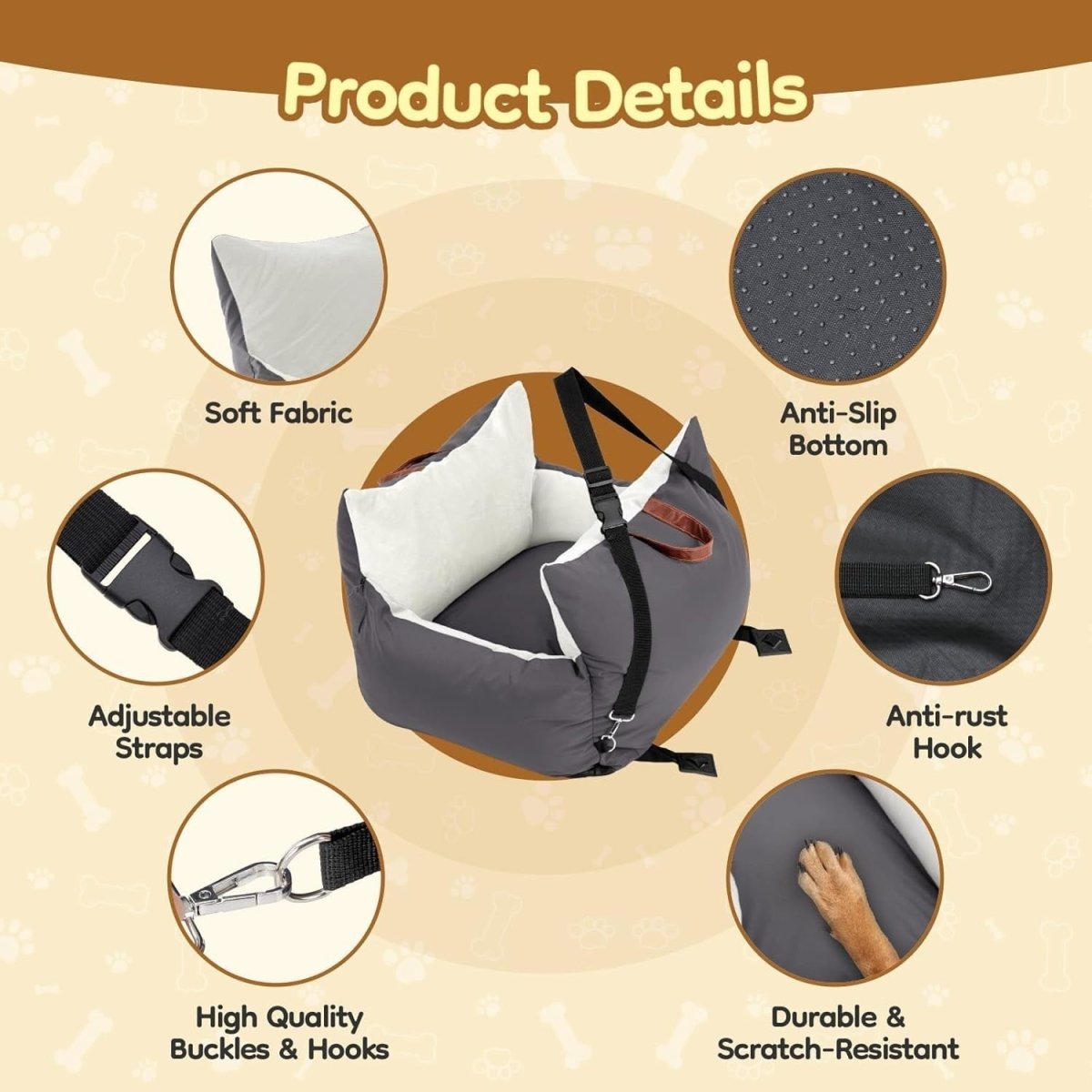 Dog Car Seat Booster Bed Expandable Travel Carrier Washable 60x60cm - Kwikley