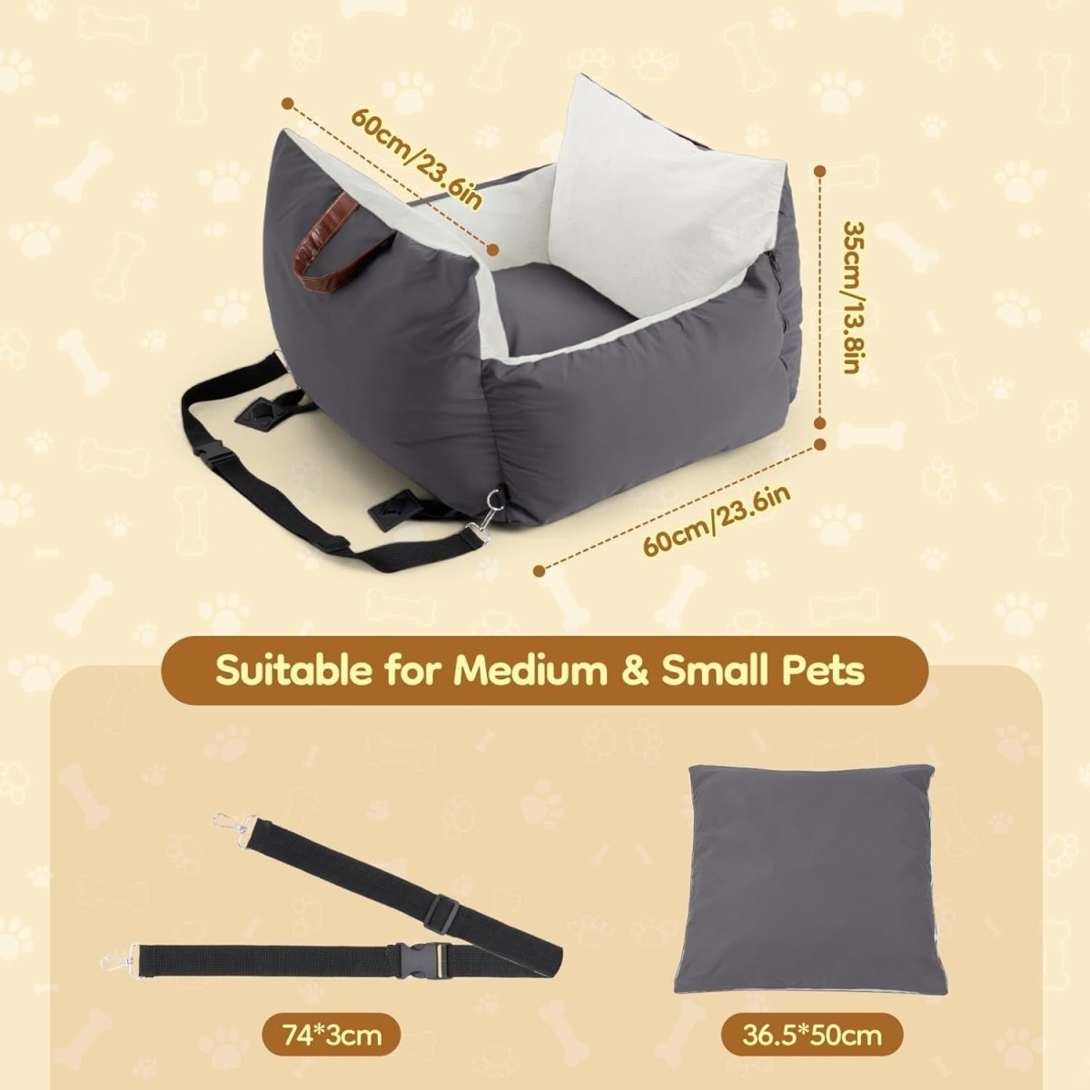 Dog Car Seat Booster Bed Expandable Travel Carrier Washable 60x60cm - Kwikley