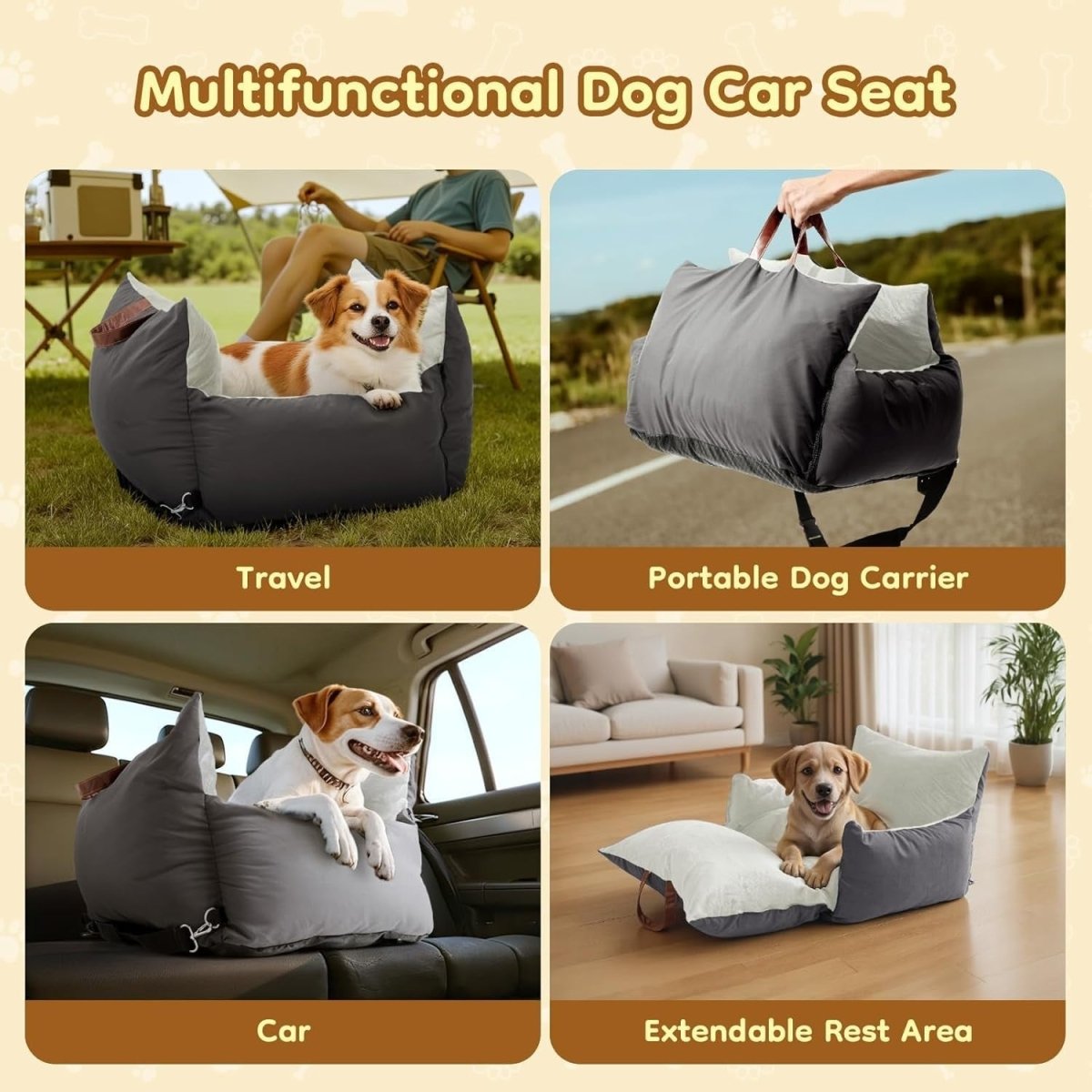Dog Car Seat Booster Bed Expandable Travel Carrier Washable 60x60cm - Kwikley