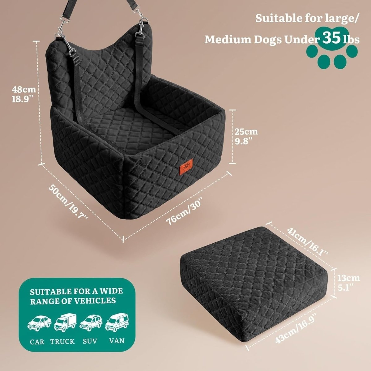 Dog Car Seat Booster Bed Memory Foam Washable Travel Seat 35lb Black - Kwikley