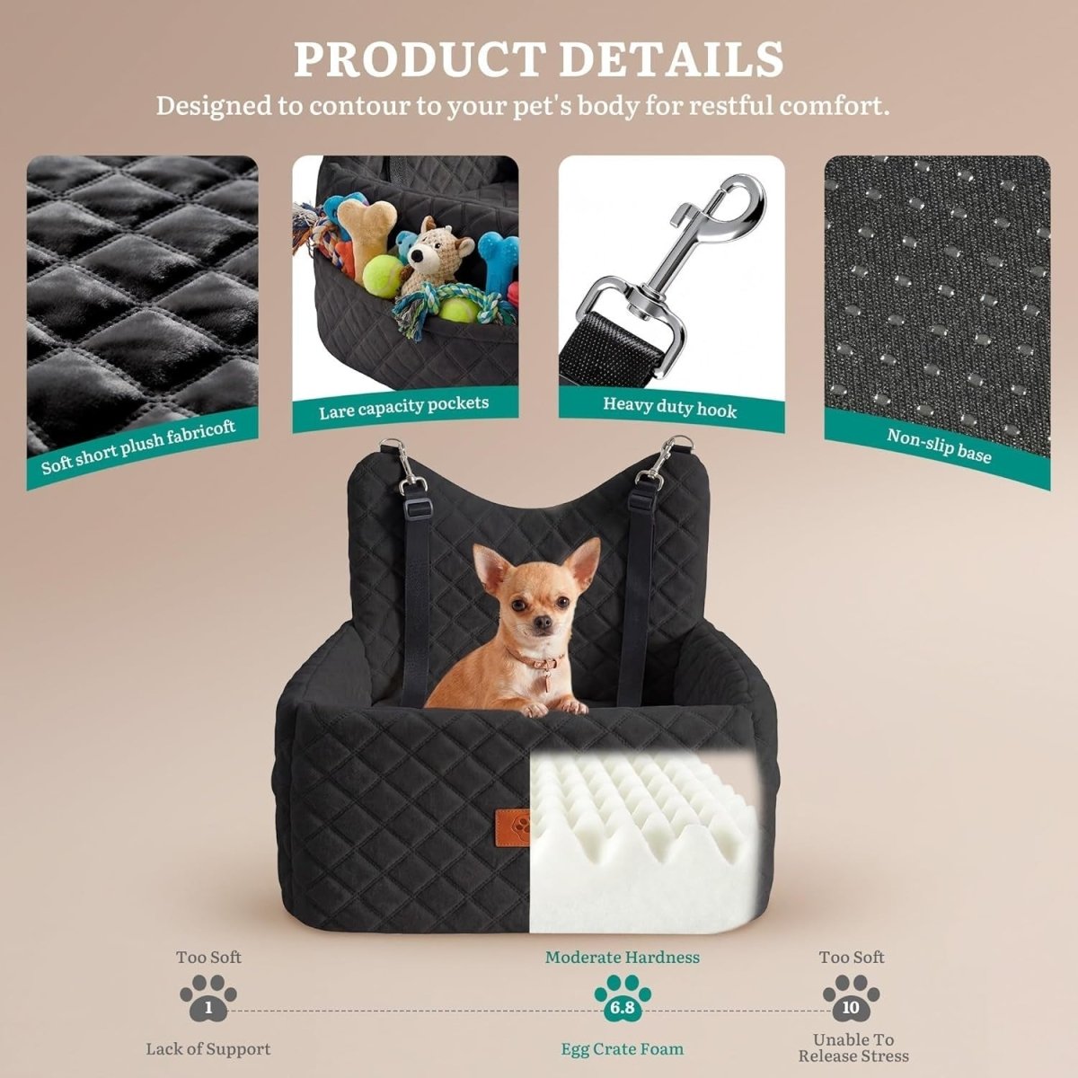 Dog Car Seat Booster Bed Memory Foam Washable Travel Seat 35lb Black - Kwikley