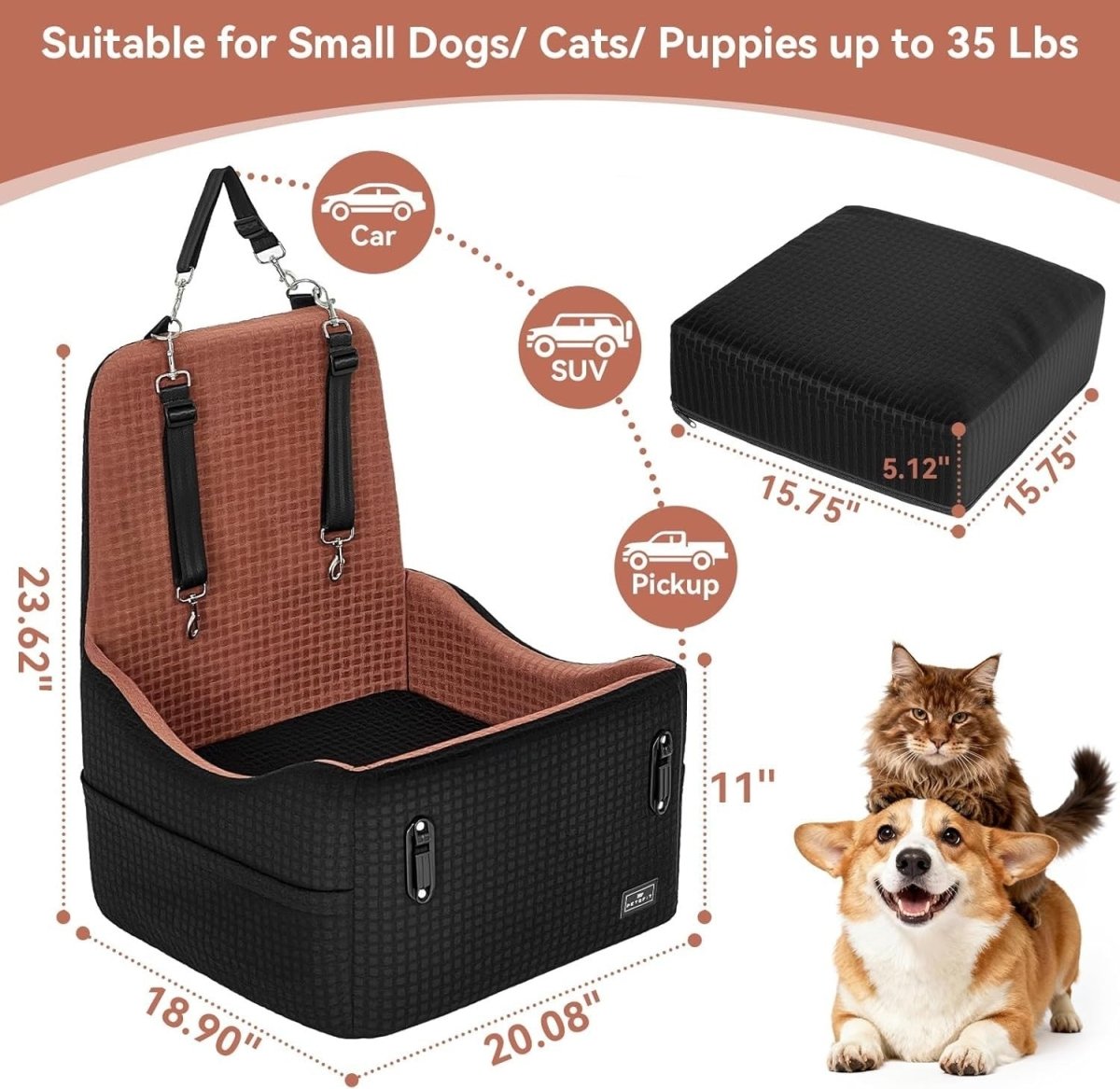Dog Car Seat Booster Bed Memory Foam Washable Travel Seat Up to 35lb - Kwikley