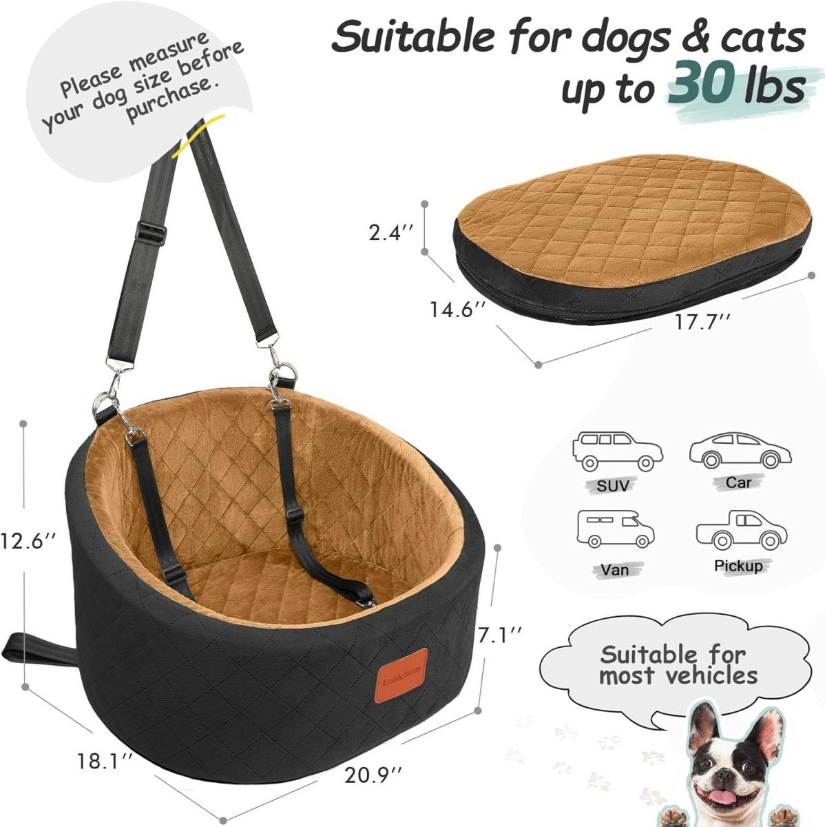 Dog Car Seat Booster Bed Memory Foam Washable Travel Seat w/ 2 Leashes - Kwikley