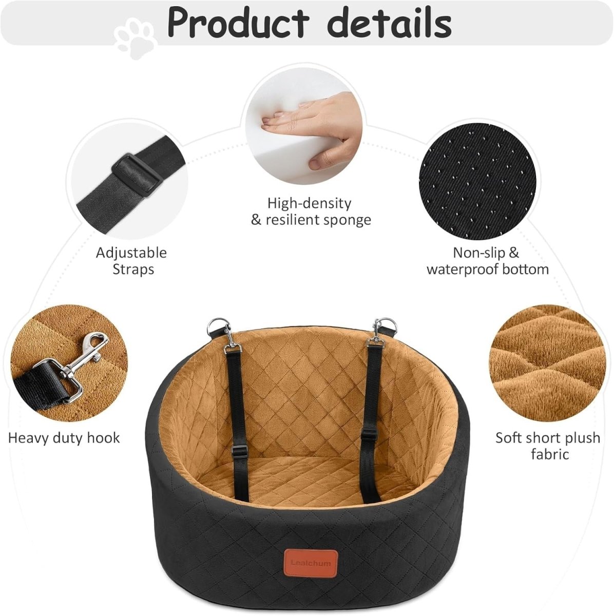 Dog Car Seat Booster Bed Memory Foam Washable Travel Seat w/ 2 Leashes - Kwikley