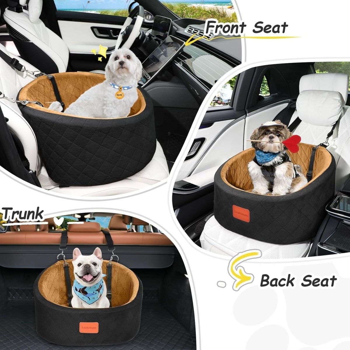 Dog Car Seat Booster Bed Memory Foam Washable Travel Seat w/ 2 Leashes - Kwikley