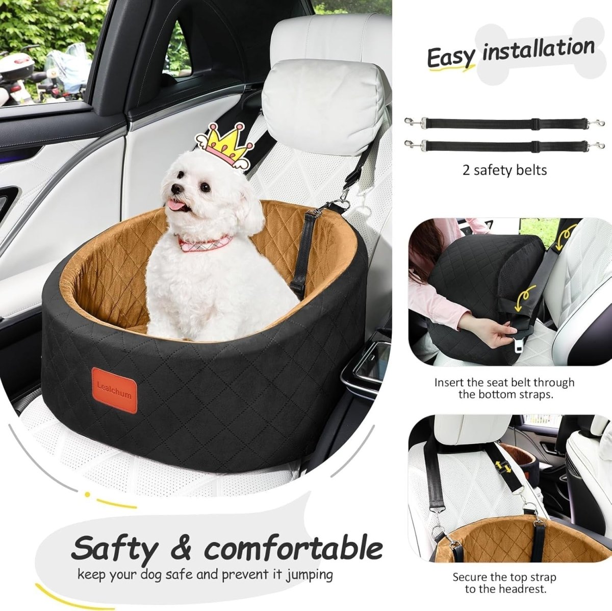 Dog Car Seat Booster Bed Memory Foam Washable Travel Seat w/ 2 Leashes - Kwikley